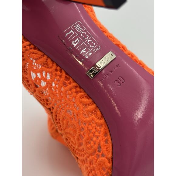 Gucci Mary Jane Heels Neon Orange Lace Size 39 Rhinestone Buckle Authentic - Picture 8 of 14